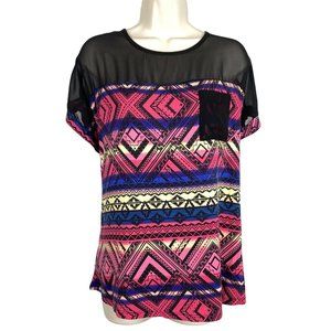 Womens Cato XL Black Multicolor Geometric Partly Sheer Cap Sleeve Stretchy Top